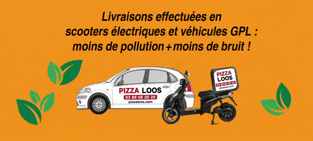 Livraisons Pizza LOOS à Andlau : Citroën C3 GPL et scooter électrique aux couleurs de la pizzeria.